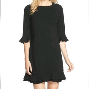 CeCe Moss Crepe Shift Dress pleated ruffle cuffs & hem Mini Dress Size 2 Black
